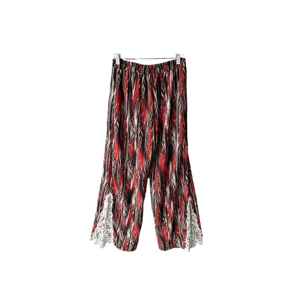 Zouk Pants Wide Leg Bohemian Rust Cream Lace Applique Spring Pullon Size Large